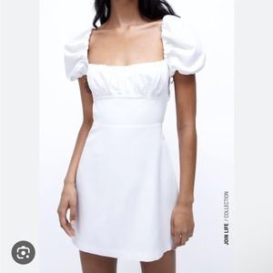 NWT Zara White Linen Blend Dress with Puff Sleeves
